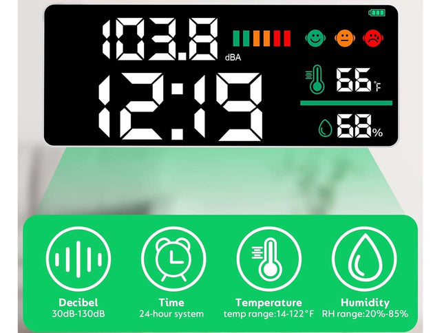 Digital sound level and environment monitor with a black display showing time, decibel level, temperature, and humidity, plus a green feature banner below with icons for decibel, time, temperature, and humidity.