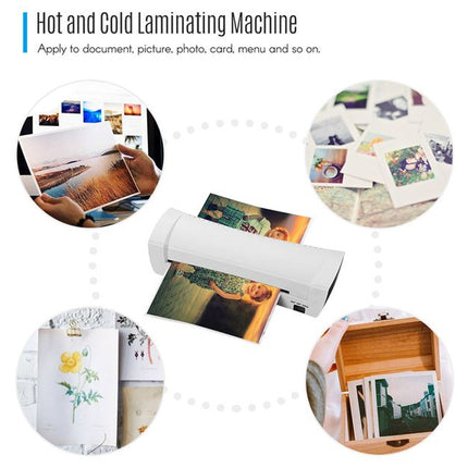 A white hot and cold laminating machine shown on a light gray background with circular inset photos demonstrating use for documents, pictures, cards, menus, and other printed materials.