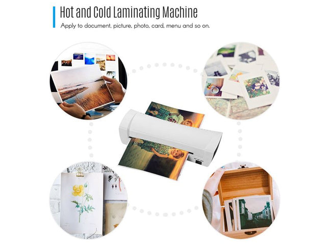 A white hot and cold laminating machine shown on a light gray background with circular inset photos demonstrating use for documents, pictures, cards, menus, and other printed materials.