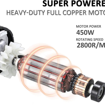 Heavy-duty full copper motor with power and speed specifications on a white background
