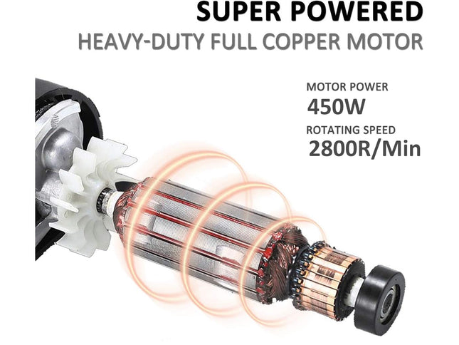 Heavy-duty full copper motor with power and speed specifications on a white background