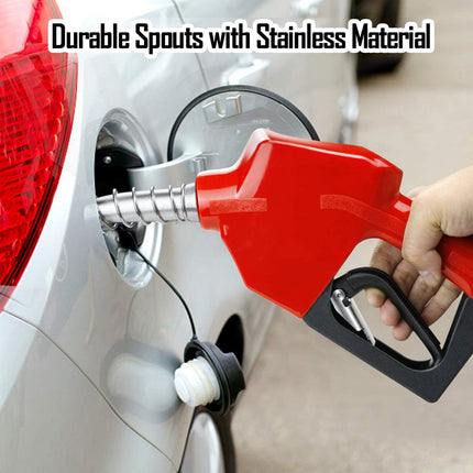 Red fuel pump nozzle being used to fill a car with text 'Durable Spouts with Stainless Material'.