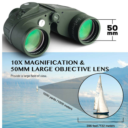 Binoculars with 10x magnification and 50mm objective lens, shown with a scenic background and a sailboat illustration.