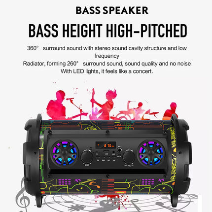 A portable black bass speaker with glowing blue and purple LED speakers, shown on a white background with promotional text and red concert silhouettes above it.