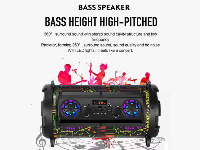 A portable black bass speaker with glowing blue and purple LED speakers, shown on a white background with promotional text and red concert silhouettes above it.