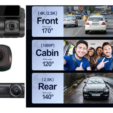 Car dashboard camera with front, cabin, and rear views displayed on a screen.