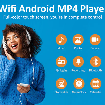 Woman wearing headphones with a Wi-Fi Android MP4 Player, surrounded by icons on a blue background