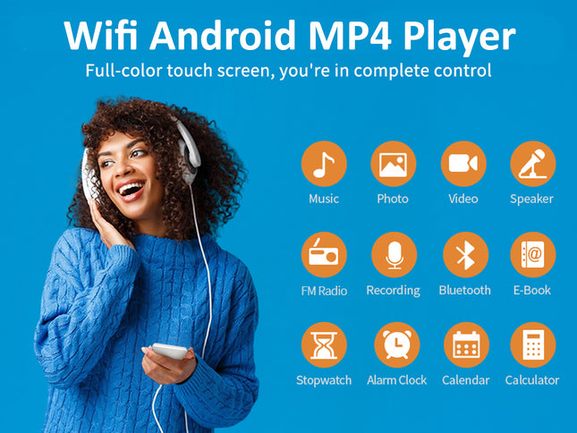 Woman wearing headphones with a Wi-Fi Android MP4 Player, surrounded by icons on a blue background