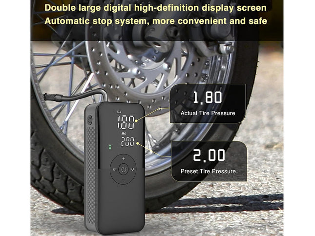 A black digital motorcycle tire pump shown in front of a motorcycle wheel, with text callouts displaying actual tire pressure 1.80 and preset tire pressure 2.
