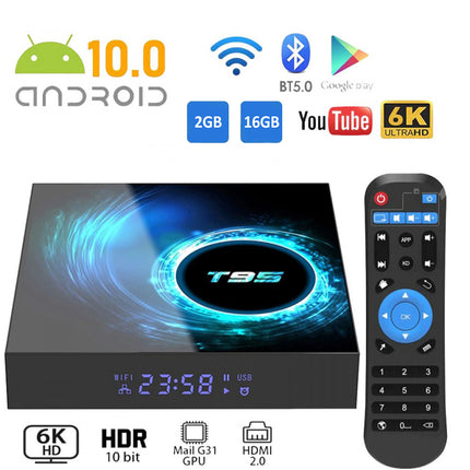 A T9S Android 10.0 smart TV box shown with its remote control on a white background, surrounded by feature icons for 2GB and 16GB RAM, Bluetooth 5.