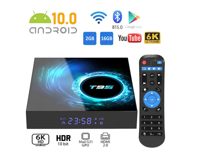 A T9S Android 10.0 smart TV box shown with its remote control on a white background, surrounded by feature icons for 2GB and 16GB RAM, Bluetooth 5.