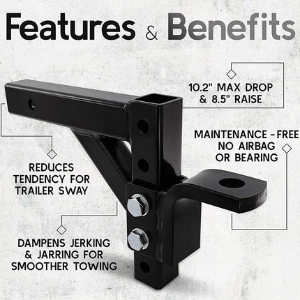 Black hitch receiver with features and benefits listed on a gray background