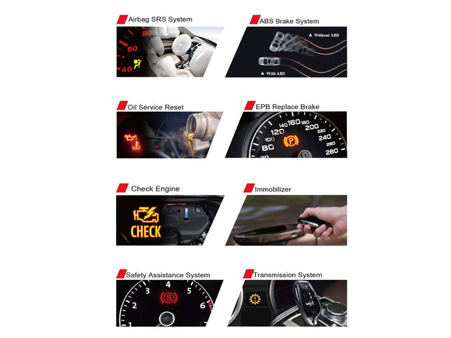 Illustrations of various car dashboard indicators and systems on a white background