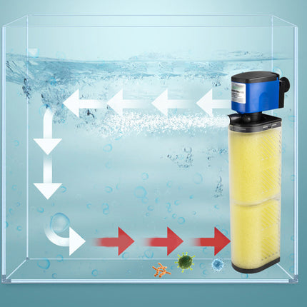 Aquarium filter with water flow diagram on a blue background