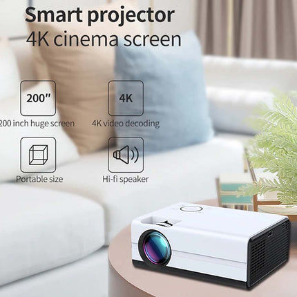 Smart projector with 4K cinema screen features displayed in a living room setting.
