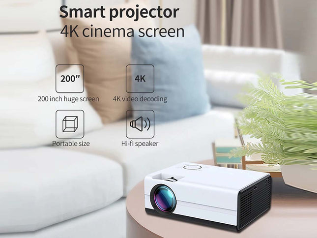 Smart projector with 4K cinema screen features displayed in a living room setting.