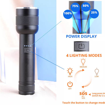 Black flashlight with power display and lighting mode indicators on a white background