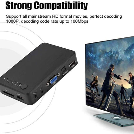 Black electronic device with ports on a white background, showing compatibility with HD movies.