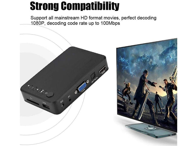 Black electronic device with ports on a white background, showing compatibility with HD movies.