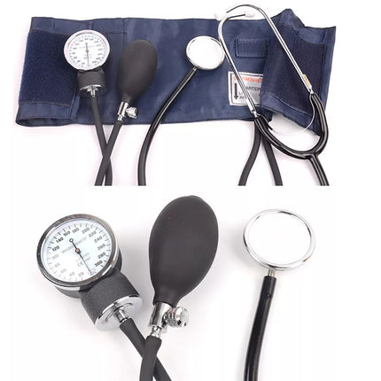 Blood pressure monitor and stethoscope set on a white background