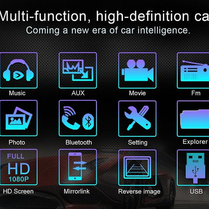 A promotional graphic for a car infotainment system showing feature icons on a black background. The text at the top reads 'Multi-function, high-definition car' and 'Coming a new era of car intelligence.