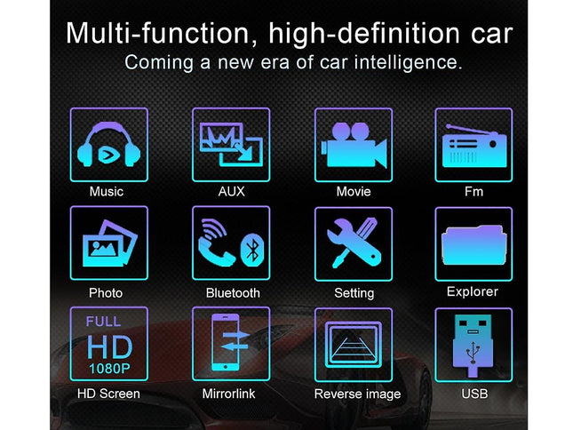 A promotional graphic for a car infotainment system showing feature icons on a black background. The text at the top reads 'Multi-function, high-definition car' and 'Coming a new era of car intelligence.