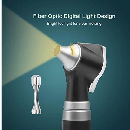 A fiber optic digital otoscope and laryngoscope shown on a dark teal background with text reading 'Fiber Optic Digital Light Design' and 'Bright led light for clear viewing.' A small accessory probe is shown to the left, and the main device is angled to display its light beam and front end.