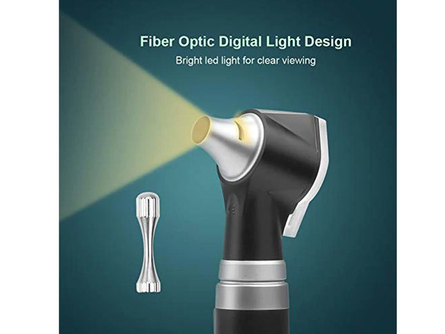 A fiber optic digital otoscope and laryngoscope shown on a dark teal background with text reading 'Fiber Optic Digital Light Design' and 'Bright led light for clear viewing.' A small accessory probe is shown to the left, and the main device is angled to display its light beam and front end.