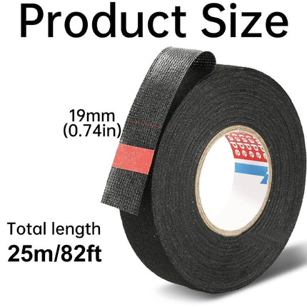 Black tape roll with product size details on a white background