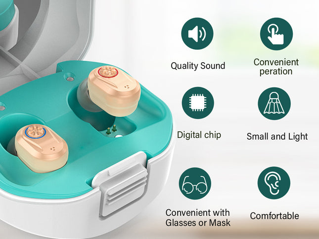 Earbud with features listed on a white background