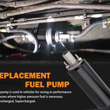 Replacement fuel pump for vehicles with text about its use in racing or performance applications.