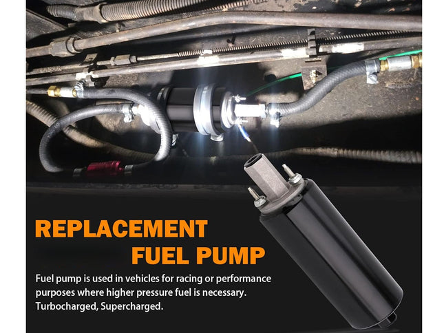 Replacement fuel pump for vehicles with text about its use in racing or performance applications.