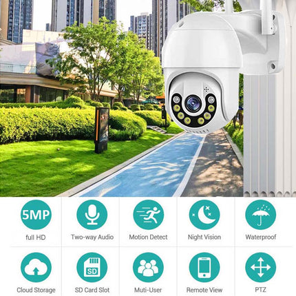 A white dome security camera mounted on a white pole, shown beside a real outdoor walkway and park area. Below the main photo are feature icons for 5MP full HD, two-way audio, motion detect, night vision, waterproof, cloud storage, SD card slot, multi-user, remote view, and PTZ.
