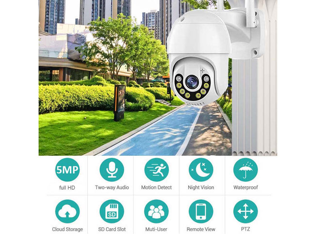 A white dome security camera mounted on a white pole, shown beside a real outdoor walkway and park area. Below the main photo are feature icons for 5MP full HD, two-way audio, motion detect, night vision, waterproof, cloud storage, SD card slot, multi-user, remote view, and PTZ.