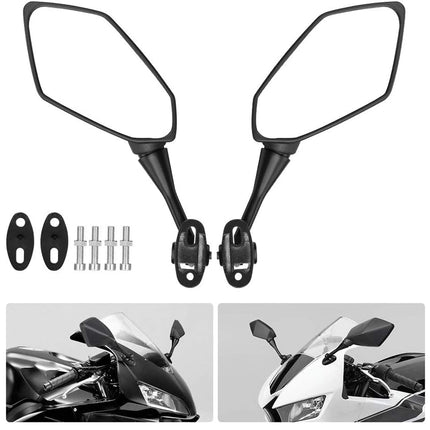 Pair of motorcycle mirrors with installation hardware on a white background