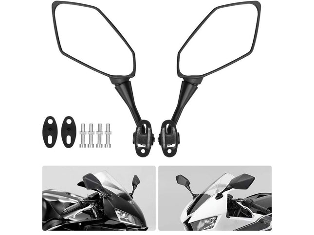 Pair of motorcycle mirrors with installation hardware on a white background