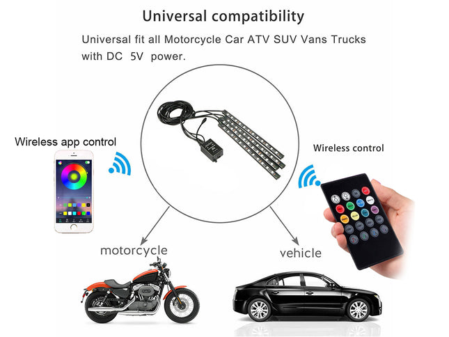 LED light bar with wireless control system for motorcycles, cars, SUVs, vans, and trucks.