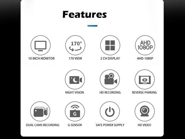 List of security camera features with icons and text on a white background