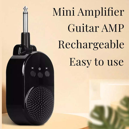 A black mini guitar amplifier speaker with a 1/4 inch jack plug, shown next to text that reads 'Mini Amplifier Guitar AMP Rechargeable Easy to use' on a beige background.