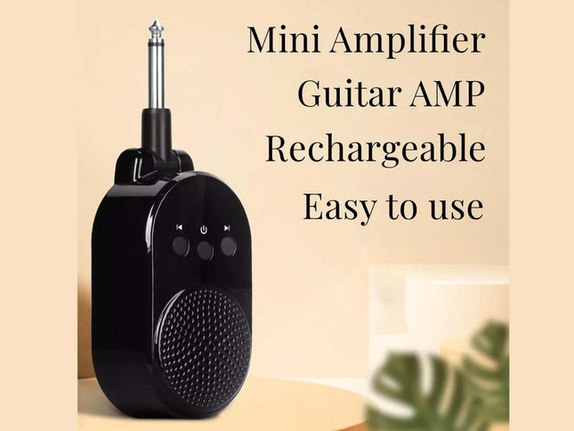 A black mini guitar amplifier speaker with a 1/4 inch jack plug, shown next to text that reads 'Mini Amplifier Guitar AMP Rechargeable Easy to use' on a beige background.