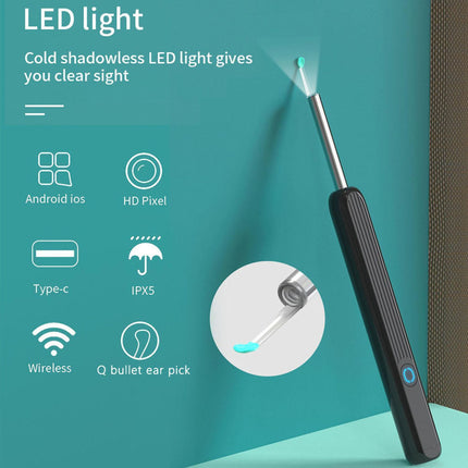 Black ear cleaning tool with LED light on a teal background