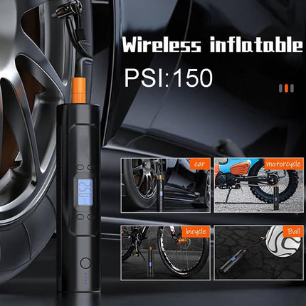 A black wireless inflatable tire pump with an orange top connector and a small blue digital display, shown plugged into a car tire. The image includes text reading 'Wireless inflatable PSI:150' and four small inset photos showing use on a car, motorcycle, bicycle, and ball.