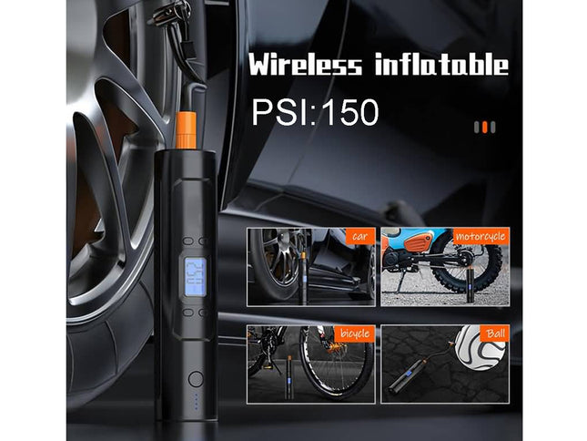 A black wireless inflatable tire pump with an orange top connector and a small blue digital display, shown plugged into a car tire. The image includes text reading 'Wireless inflatable PSI:150' and four small inset photos showing use on a car, motorcycle, bicycle, and ball.