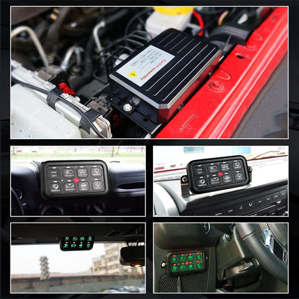 Collage of a car battery and charging system with close-up shots of the device and its display.