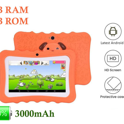 Orange children's tablet with protective case on a white background, displaying specifications.