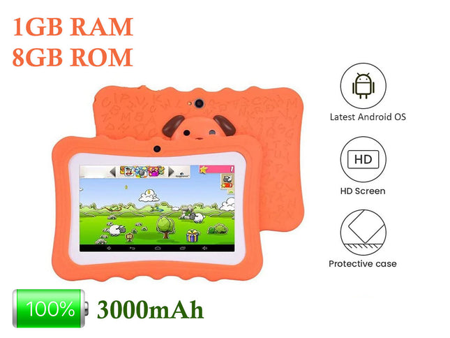Orange children's tablet with protective case on a white background, displaying specifications.