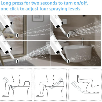 Instruction graphic for a handheld toilet water sprayer showing four panels of the device spraying water in different bathroom settings, plus three simple line drawings below explaining how to press and adjust the spray levels.