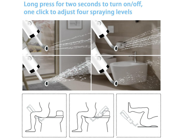 Instruction graphic for a handheld toilet water sprayer showing four panels of the device spraying water in different bathroom settings, plus three simple line drawings below explaining how to press and adjust the spray levels.