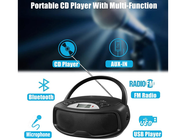 Portable CD Player with Bluetooth - FM Radio & Karaoke Machine | HiFi Stereo Speakers USB/AUX MP3 Playback Remote Control Black Home Audio