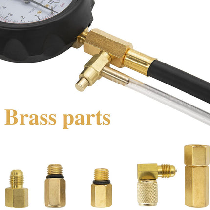Brass pressure gauge and connectors on a white background with 'Brass parts' text.